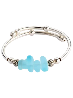 Aqua Tumbled Glass Memory Wire Bracelet