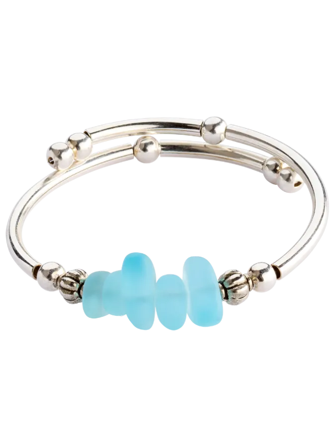 Aqua Tumbled Glass Memory Wire Bracelet