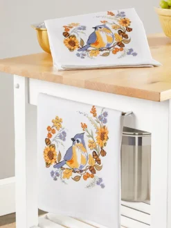 Autumn Birdsong Cotton Flour Sack Kitchen Towel, Set of 2
