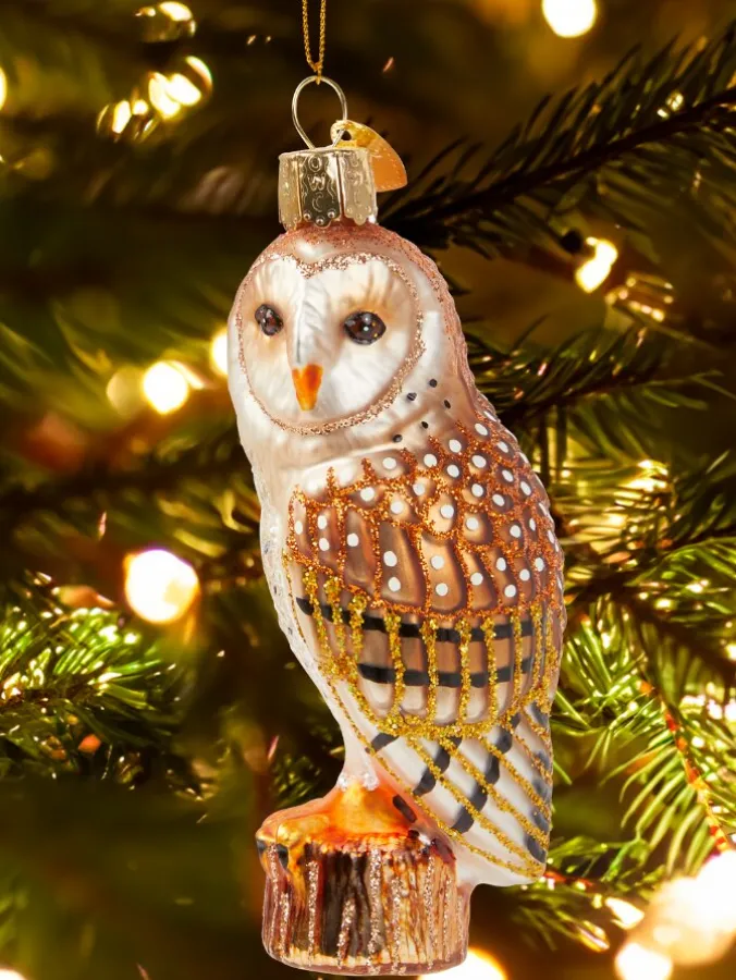 Barn Owl Blown-Glass Christmas Ornament