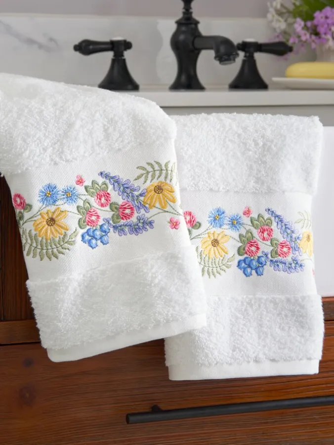 Berries and Blossoms Embroidered Cotton Hand Towel, Set of 2