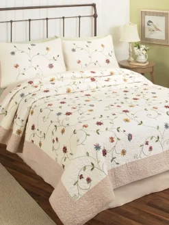 Blooming Vines Embroidered Cotton Quilt or Pillow Sham Pair