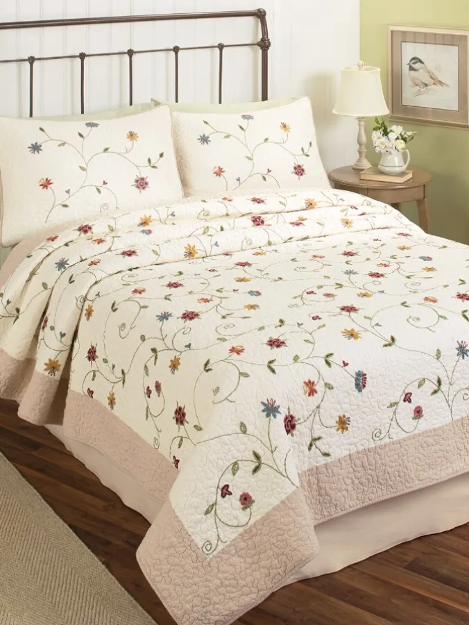 Blooming Vines Embroidered Cotton Quilt or Pillow Sham Pair
