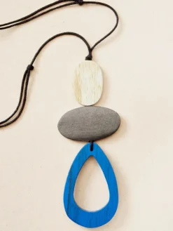 Blue Triangle Wooden Pendant Adjustable Corded Necklace