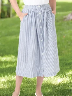 Button-Front Cotton Seersucker Skirt