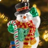 Candy Cane Snowman Blown-Glass Christmas Ornament