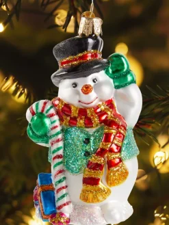 Candy Cane Snowman Blown-Glass Christmas Ornament