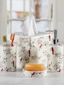 Cardinal and Chickadee Ceramic Bathroom Accessories