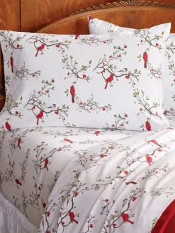 Cardinal and Chickadee Portuguese Cotton Percale Sheet Set