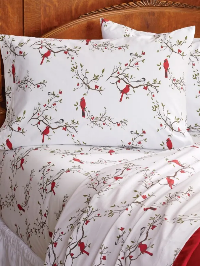 Cardinal and Chickadee Portuguese Cotton Percale Sheet Set