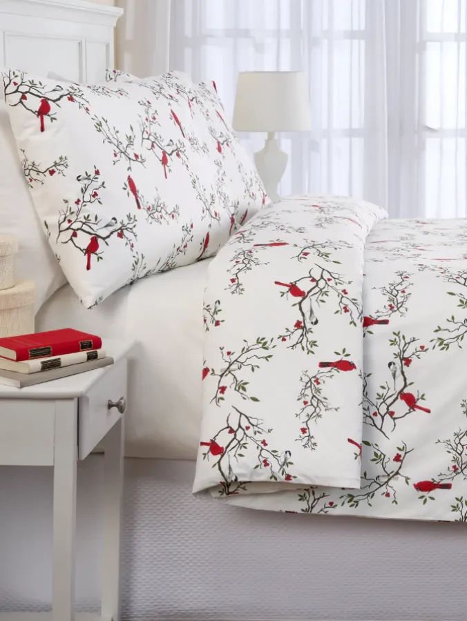 Cardinal and Chickadee Portuguese Cotton Flannel Duvet Cover