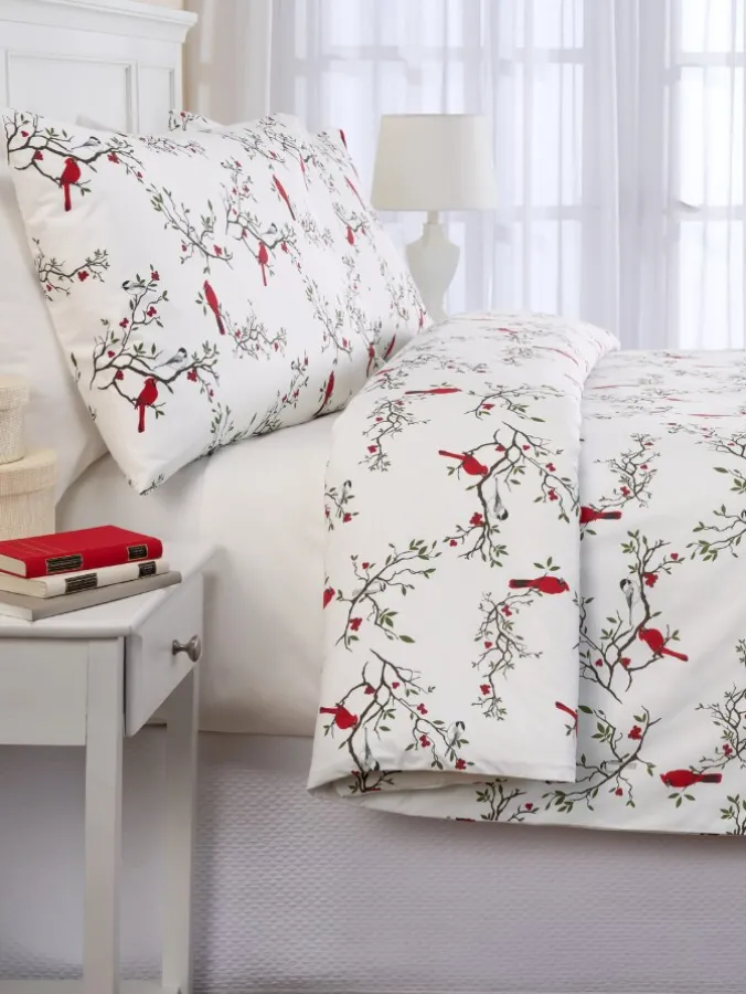 Cardinal and Chickadee Portuguese Cotton Flannel Duvet Cover