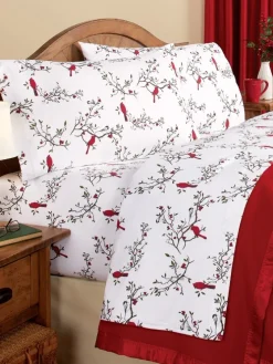 Cardinal and Chickadee Portuguese Cotton Flannel Sheet Set