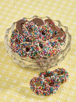 Chocolate-Covered Mini Pretzels With Nonpareils