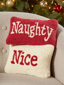 Christmas Naughty or Nice Hooked Wool Pillow