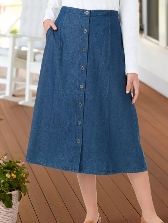 Classic 8-Gore Cotton Denim Midi Skirt