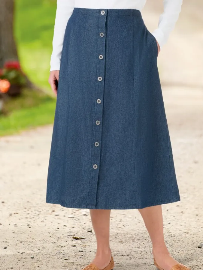 Classic 8-Gore Cotton Denim Midi Skirt