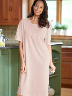 Comfort Knit Solid Color Cotton Short-Sleeve Long Nightgown