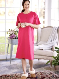 Comfort Knit Solid Color Cotton Short-Sleeve Long Nightgown
