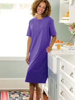 Comfort Knit Solid Color Cotton Short-Sleeve Long Nightgown