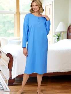 Comfort Knit Solid Color Cotton Long-Sleeve Nightgown