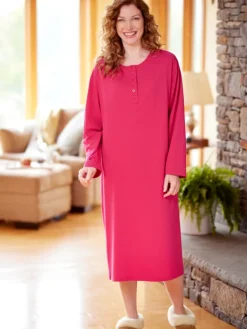 Comfort Knit Solid Color Cotton Long-Sleeve Nightgown