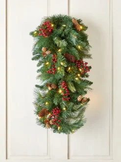 Cordless Pre-Lit Dual-Color LED Artificial Pine And Holly Berry Swag