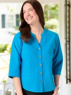 Crinkle Cotton 3/4 Sleeve Notch-Neck Top