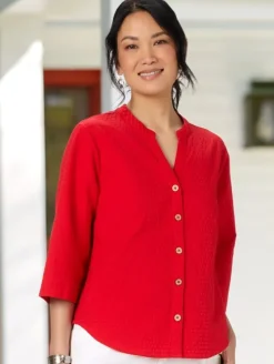 Crinkle Cotton 3/4 Sleeve Notch-Neck Top