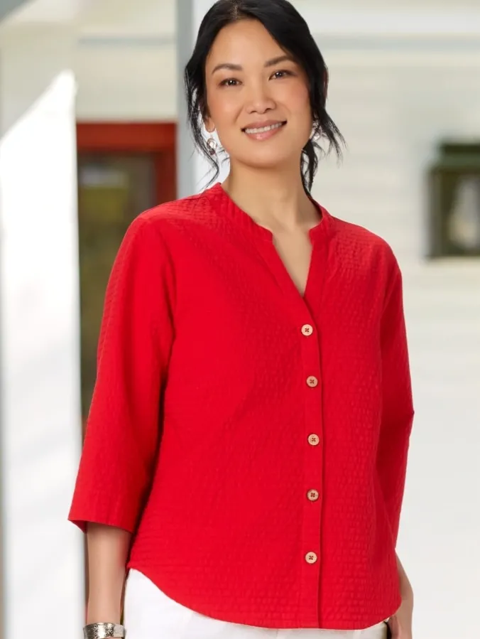 Crinkle Cotton 3/4 Sleeve Notch-Neck Top