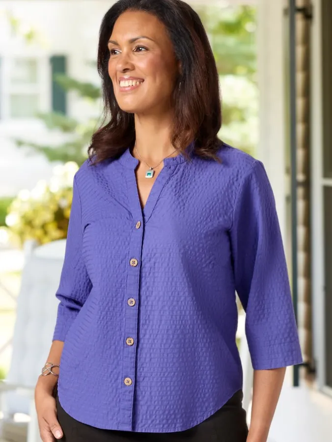 Crinkle Cotton 3/4 Sleeve Notch-Neck Top