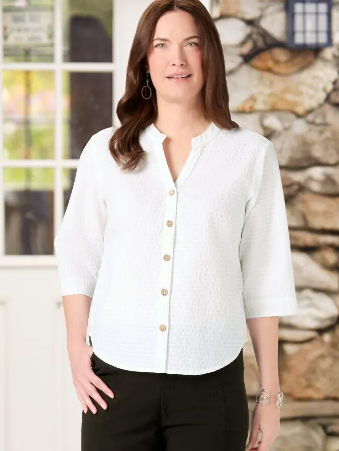 Crinkle Cotton 3/4 Sleeve Notch-Neck Top