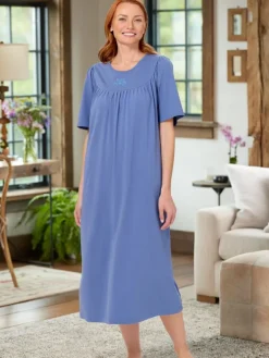 Cuddle Soft Women's Embroidered Short-Sleeve Cotton Nightgown