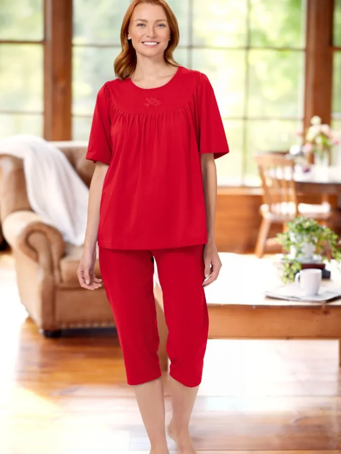 Cuddle Soft Women's Embroidered Cotton Capri Pajama Set