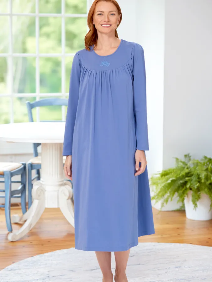 Cuddle Soft Women's Embroidered Long-Sleeve Cotton Nightgown