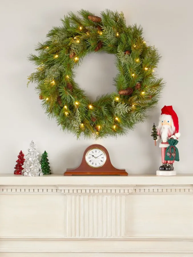 Dual-Color LED Cedar and Pinecone Artificial Lighted Christmas Wreath, 30 Inch