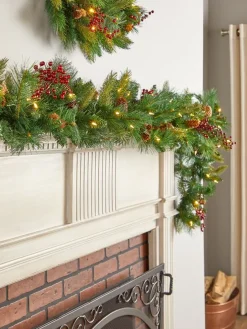Dual-Color LED Pinecone and Holly Berry Artificial Lighted Christmas Garland, 9 Feet