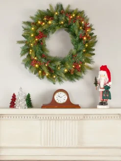 Dual-Color LED Pinecone and Holly Berry Artificial Lighted Christmas Wreath, In 3 Sizes