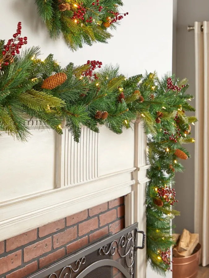 Dual-Color LED Pinecone and Holly Berry Artificial Lighted Christmas Garland, 12 Feet