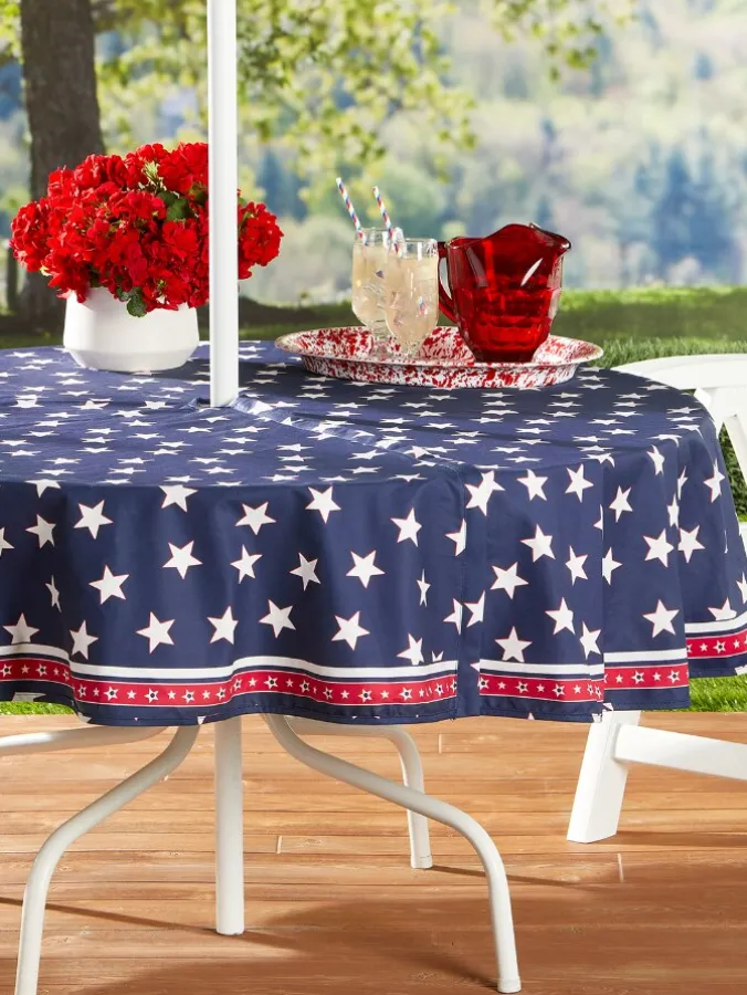 Easy Clean Coated Patriotic Umbrella Tablecloth