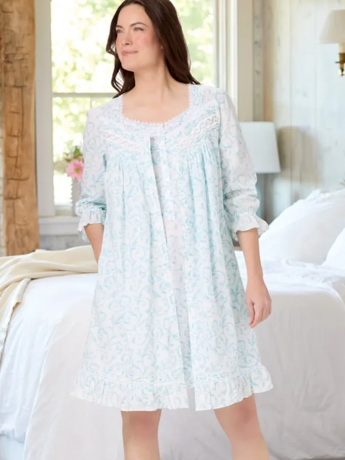 Eileen West Aqua Scroll Short Cotton Robe