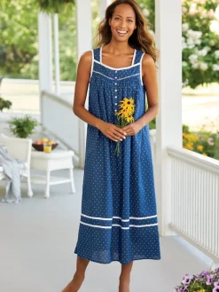 Eileen West Nautical Blue Polka-Dot Cotton Nightgown