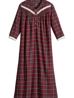 Ella Simone Lace and Plaid Long Cotton Flannel Nightgown