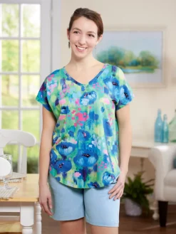 Ella Simone Short-Sleeve Watercolor Splash Cotton and Modal Top