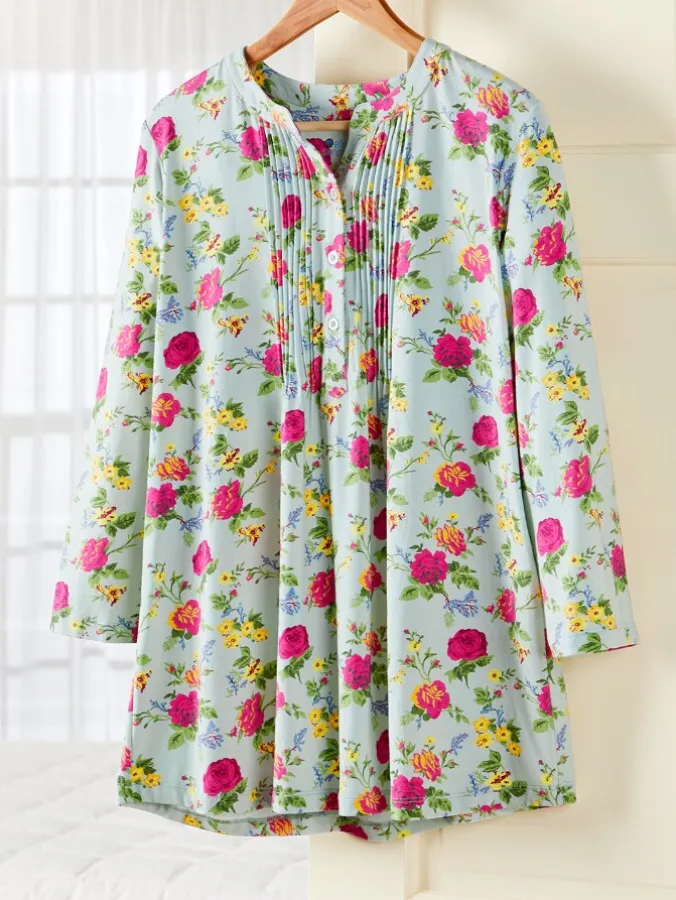 Ella Simone Soft Knit Floral Pintuck Cotton and Modal Tunic