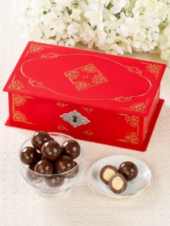Embossed Red Filigree Tin With Luxury Malted Milk Balls