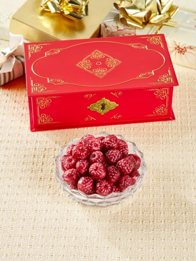 Embossed Red Filigree Tin With Filled Raspberry Hard Candy