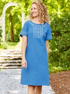 Embroidered A-Line Cotton Knit Dress