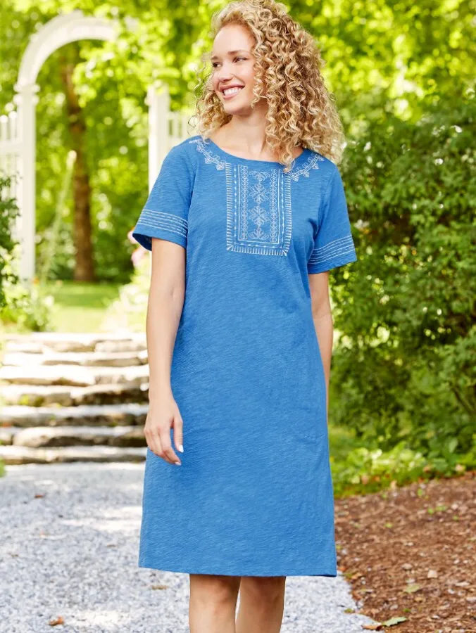 Embroidered A-Line Cotton Knit Dress