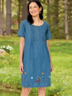 Embroidered Denim Pintuck Dress
